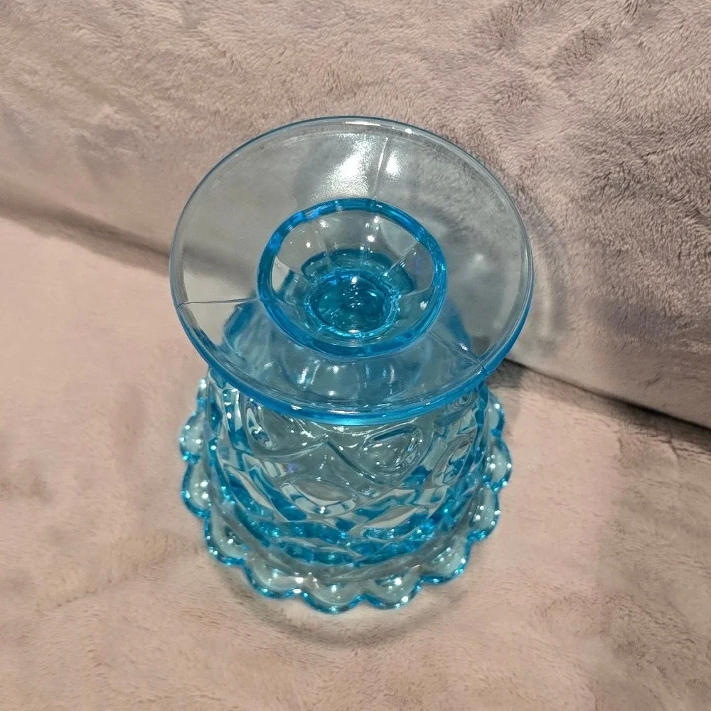 Vtg Summit Mosser Blue Pressed Glass Pedestal Bowl Scalloped Diamond Point Dish